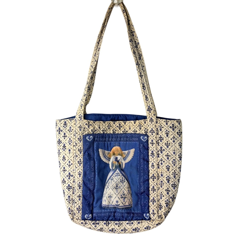 Jim Shore Quilted Tote Bag Blue White Angel My Heart Rejoices In The Lord Art